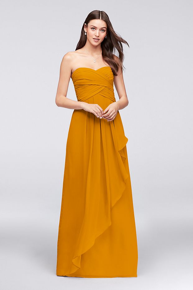 Strapless crinkle chiffon dress with cascade skirt deals
