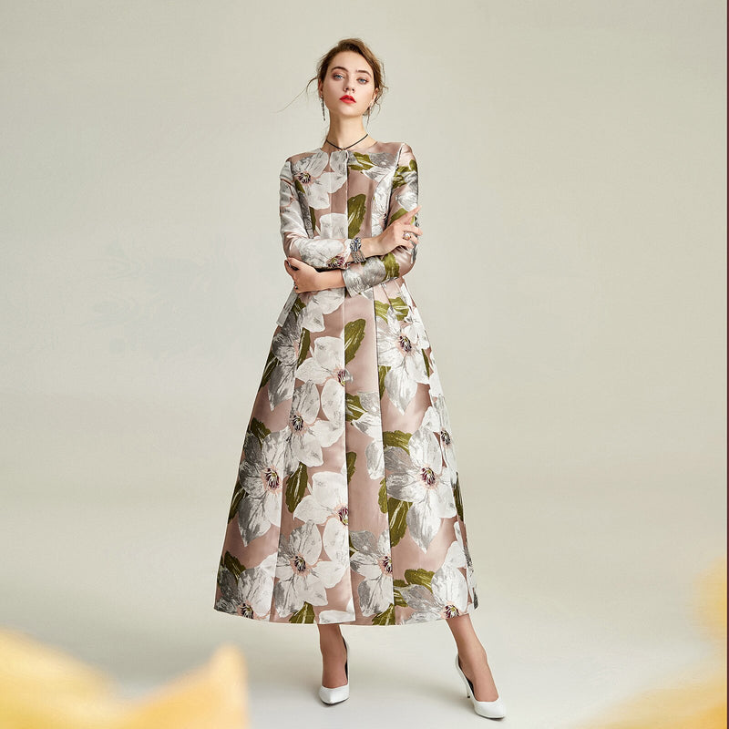 tailor shop custom made pink big flower jacquard weaving temperament brocade long coat  mother of the bride outfit for weddings