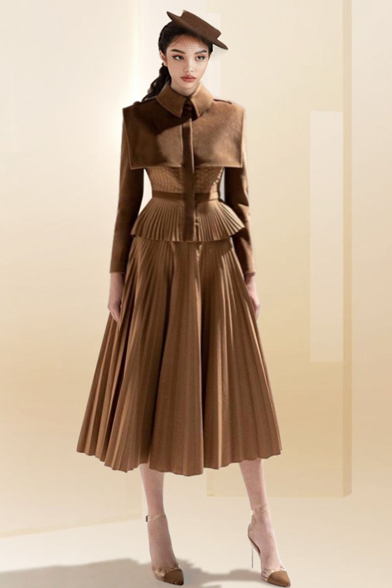 tailor shop pleated top skirt outfit brown wool cashmere suit