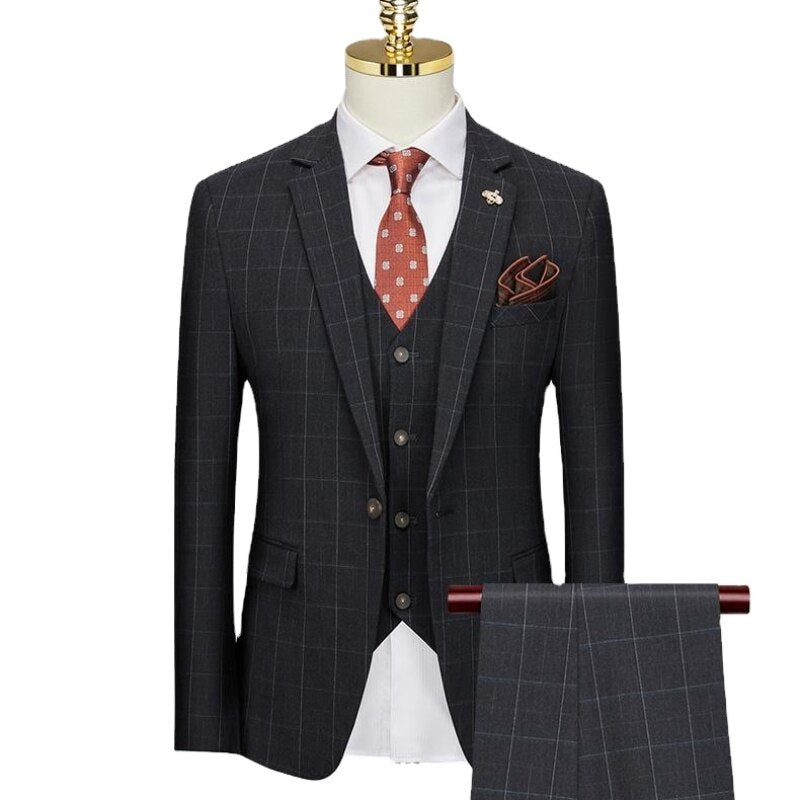 2023 Men's Plaid Suit 3-piece Set with Single Breasted Wedding Wedding Business Office Men's Suit