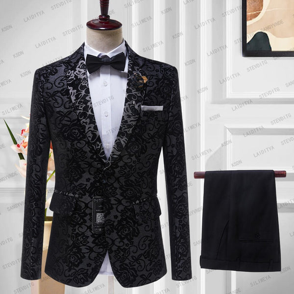 2023 New Male Wedding Prom Suit Black Jacquard Floral Peaked Lapel Slim Fit Tuxedo Men Formal Business Work Wear Suits 2Pcs Set