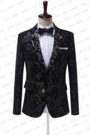 2023 New Male Wedding Prom Suit Black Jacquard Floral Peaked Lapel Slim Fit Tuxedo Men Formal Business Work Wear Suits 2Pcs Set