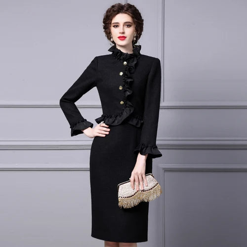 Tailor Make suit Wooden Ear Edge Standing Neck Dress Black Gentle Style Mid Length Thick Tweed Wrapped Hip Skirt