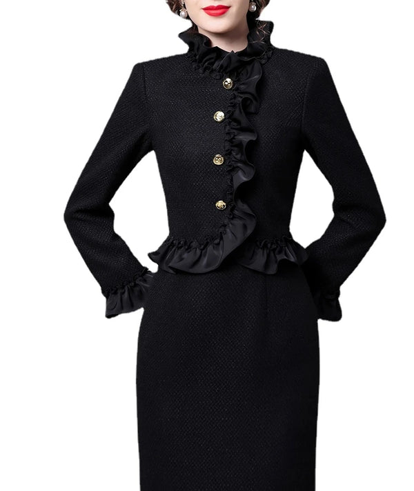 Tailor Make suit Wooden Ear Edge Standing Neck Dress Black Gentle Style Mid Length Thick Tweed Wrapped Hip Skirt