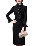 Tailor Make suit Wooden Ear Edge Standing Neck Dress Black Gentle Style Mid Length Thick Tweed Wrapped Hip Skirt