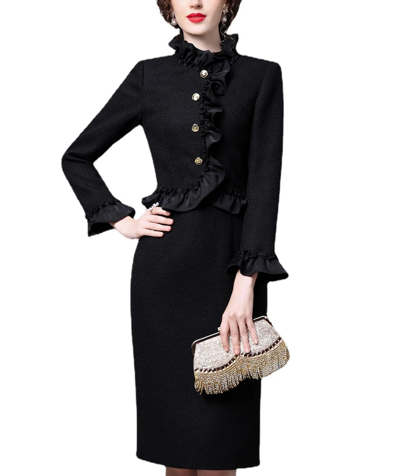 Tailor Make suit Wooden Ear Edge Standing Neck Dress Black Gentle Style Mid Length Thick Tweed Wrapped Hip Skirt