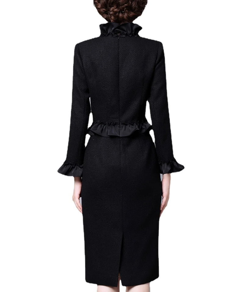 Tailor Make suit Wooden Ear Edge Standing Neck Dress Black Gentle Style Mid Length Thick Tweed Wrapped Hip Skirt