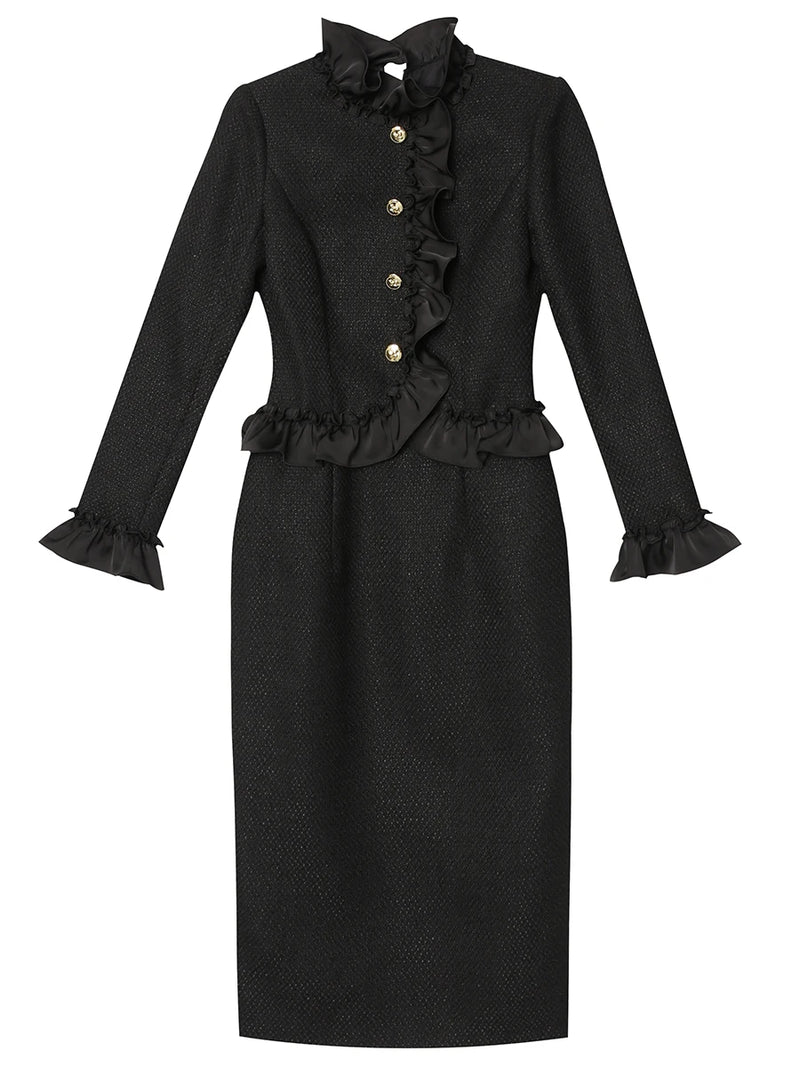Tailor Make suit Wooden Ear Edge Standing Neck Dress Black Gentle Style Mid Length Thick Tweed Wrapped Hip Skirt