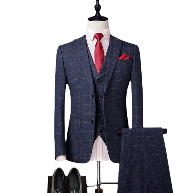 Fashion Formal Business Office Suit Set 100% Wool Three Piece Set Men's Slim Fit Wedding Banquet Dress
