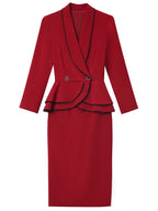 Autumn Dress Wine Red Suit Collar Nail Diamond Fake Two Piece Ruffled Long Sleeve Hip Wrap Skirt