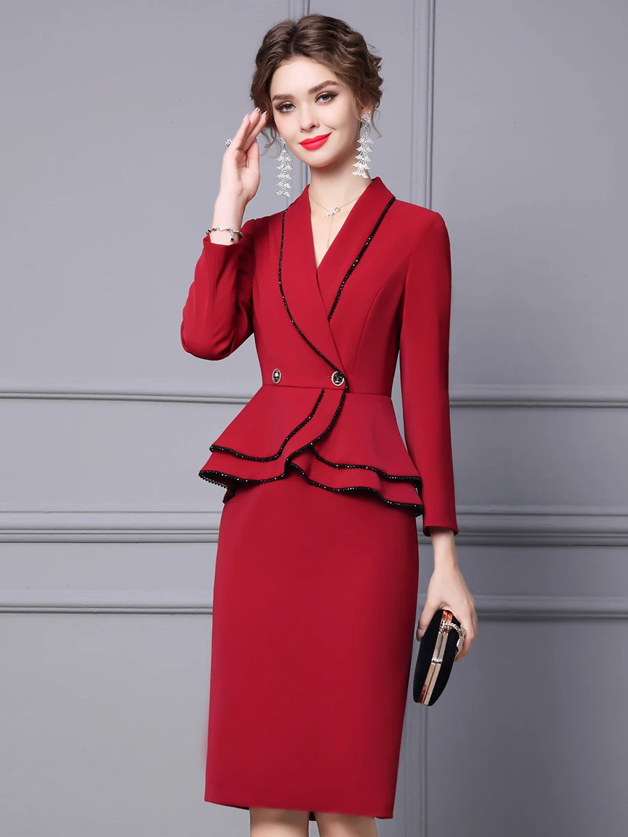 Autumn Dress Wine Red Suit Collar Nail Diamond Fake Two Piece Ruffled Long Sleeve Hip Wrap Skirt