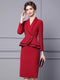 Autumn Dress Wine Red Suit Collar Nail Diamond Fake Two Piece Ruffled Long Sleeve Hip Wrap Skirt