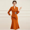 Autumn New Dress Formal Occasion Suit Collar Studded Diamond Waist Show Slim and Long Fishtail Dress