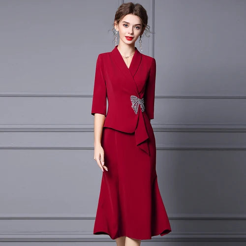 Autumn New Dress Formal Occasion Suit Collar Studded Diamond Waist Show Slim and Long Fishtail Dress