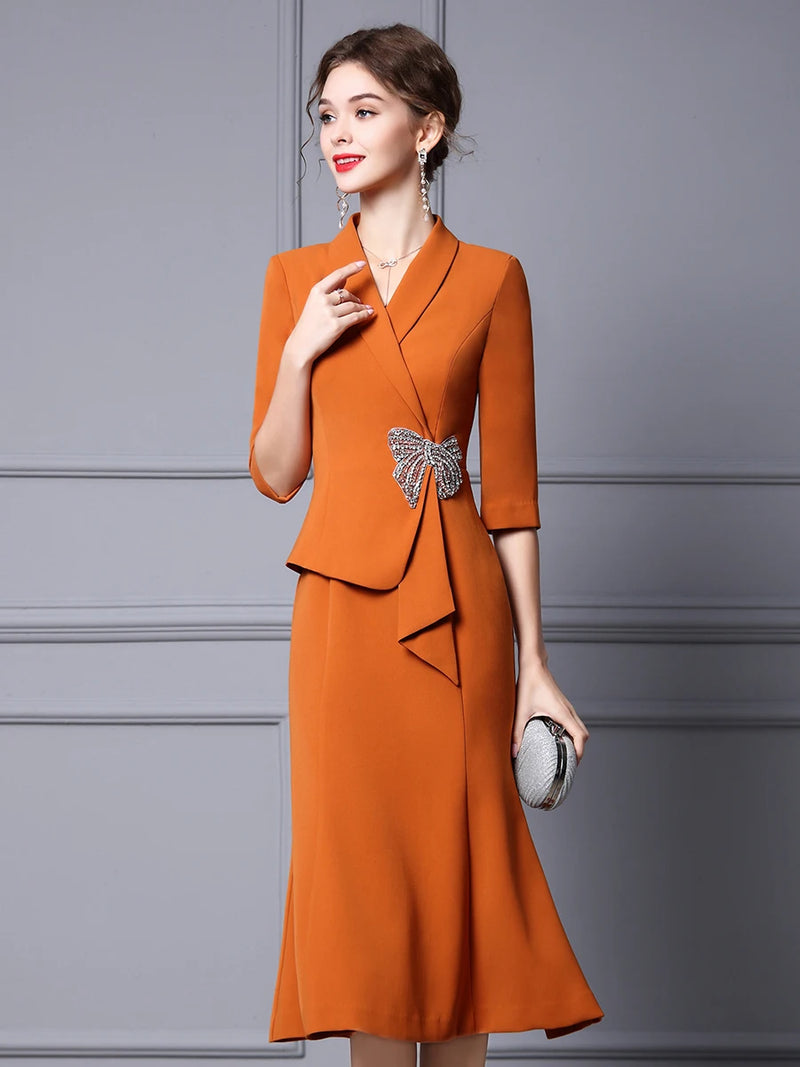 Autumn New Dress Formal Occasion Suit Collar Studded Diamond Waist Show Slim and Long Fishtail Dress