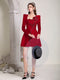 Autumn New Elegant Temperament Retro Hepburn Style Small Red Dress 3D Flower Dress Women