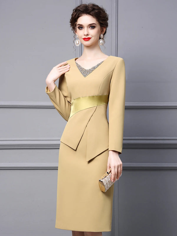 Autumn New Formal Occasion Dress Yellow V-Neck Handmade Nailed Diamond Fake Two Piece Hip Wrap Skirt