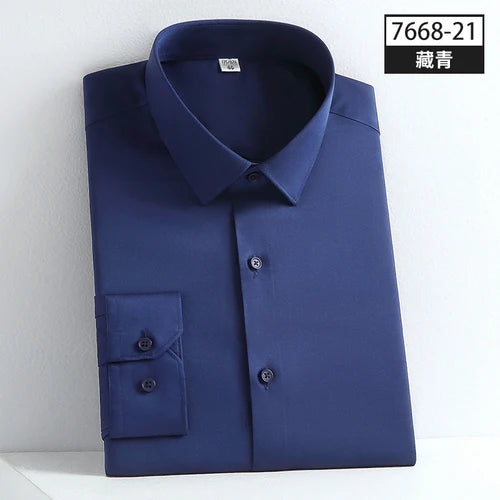 Autumn Non Ironing Long Sleeved Shirt Men's Elastic Business Dress Solid Color Shirt Men's Youth Fashion Casual Shirt