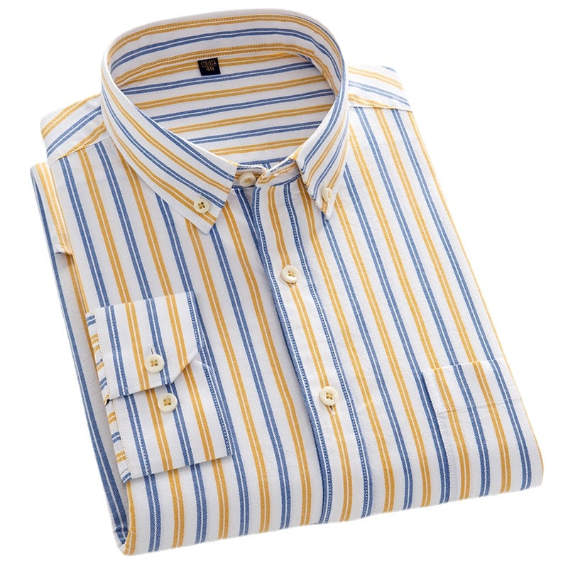 Autumn Pure Cotton Long Sleeve Men's Yellow Stripe Business Leisure Fashion Buckle Neck Shirt Men's All Cotton Non Iron Shirt