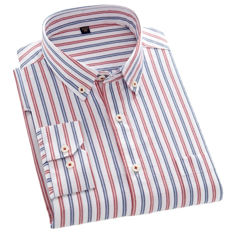 Autumn Pure Cotton Long Sleeve Men's Yellow Stripe Business Leisure Fashion Buckle Neck Shirt Men's All Cotton Non Iron Shirt