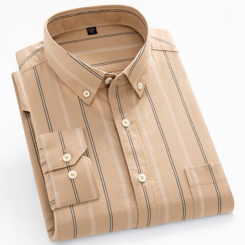 Autumn Pure Cotton Long Sleeve Men's Yellow Stripe Business Leisure Fashion Buckle Neck Shirt Men's All Cotton Non Iron Shirt