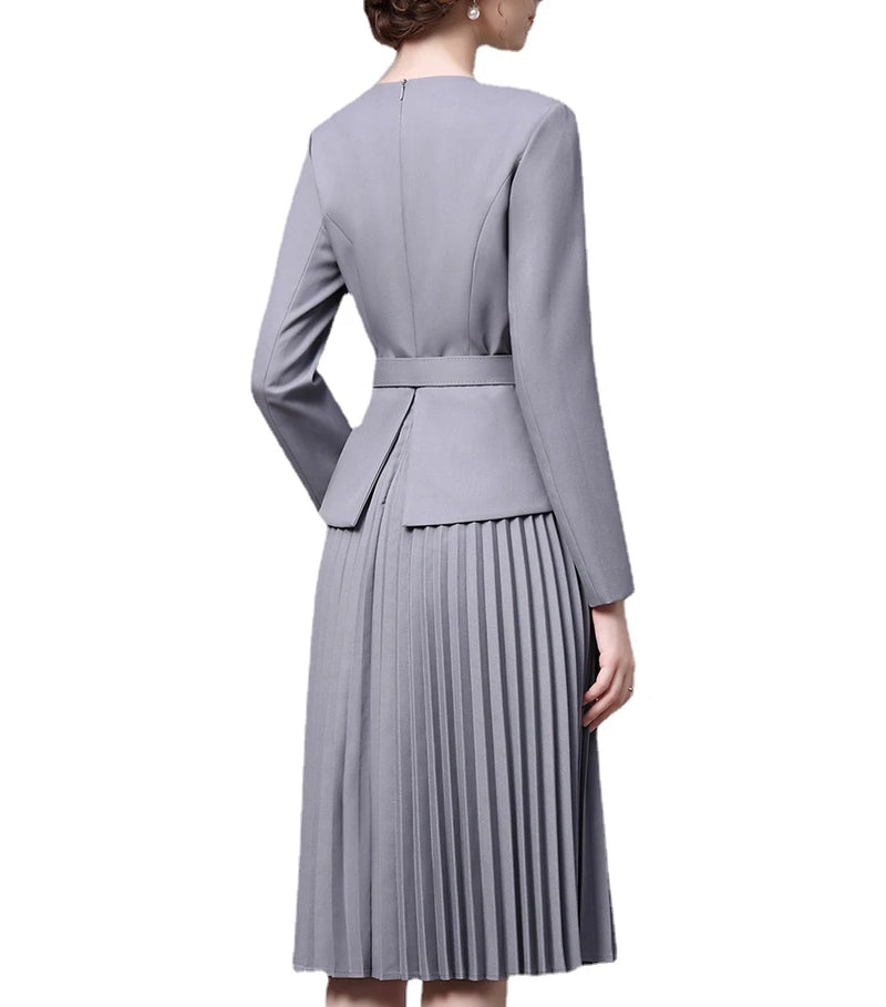 Autumn/Winter Dress Belt Women's Elegant Style Long Sleeve Fake Two Piece Pleated Skirt