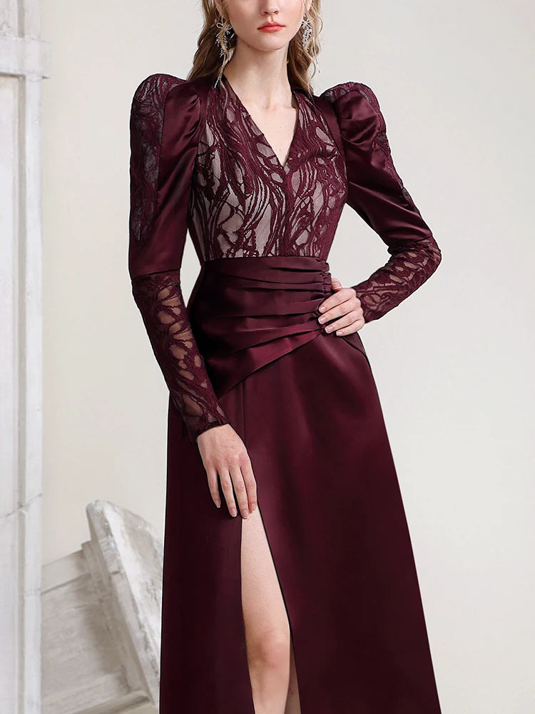 Banquet Elegant Temperament Sexy V-neck Light Mature Style Waist Wrapped Wine Red Lace Dress Long Dress