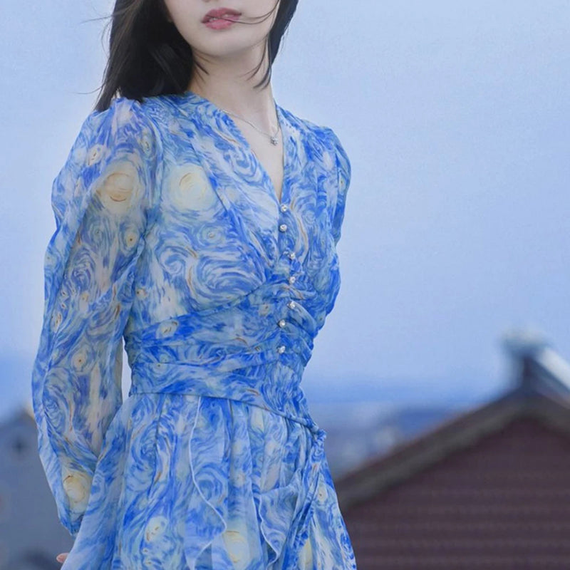 Beach Resort Style Beach Skirt French High-end Blue Oil Painting Dress for Women