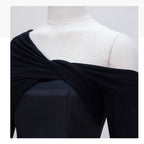 Birthday Party Little Black Dress Lady Temperament Design Sense Niche Mid-length Oblique Collar Off-the-shoulder Long-sleeved