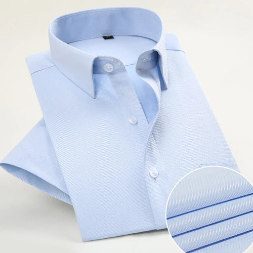 Blue Striped Men's Shirt Short Sleeved Youth Business Work Uniform Casual Blue White Vertical Flower Men's Shirt