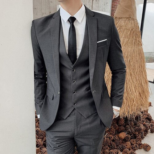 Business Men's Groomsmen Blazers Trousers Groom Wedding Dress Banquet Solid Color Slim Fit Suit Jacket Coat Vest Pants Set 3 Pcs