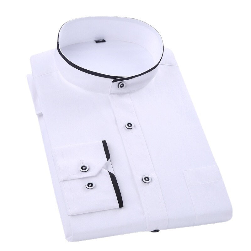 Chinese Style White Men's Long Sleeved Shirt Chinese Standing Collar Solid Color Business Loose Fitting Round Zhongshan Shirt