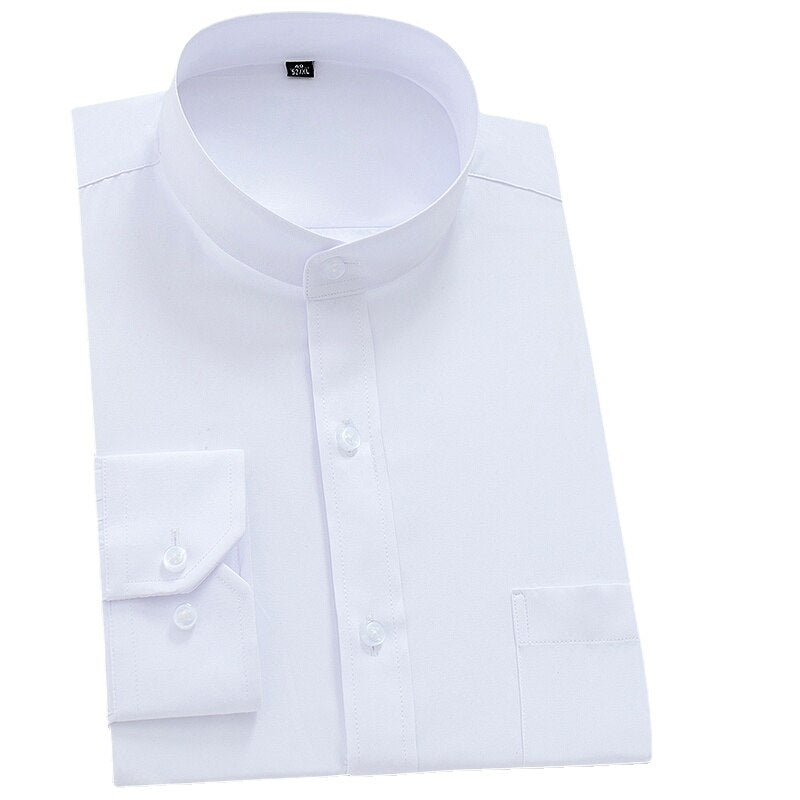 Chinese Style White Men's Long Sleeved Shirt Chinese Standing Collar Solid Color Business Loose Fitting Round Zhongshan Shirt