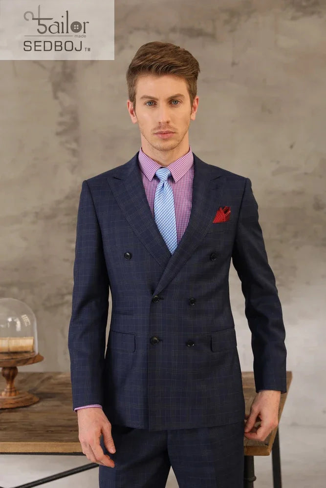 Custom Made Blue Check Suit 2 Buttons Double Breasted Suit Shenzhen Tailor Hade Made High Quality Wool and Cashmere