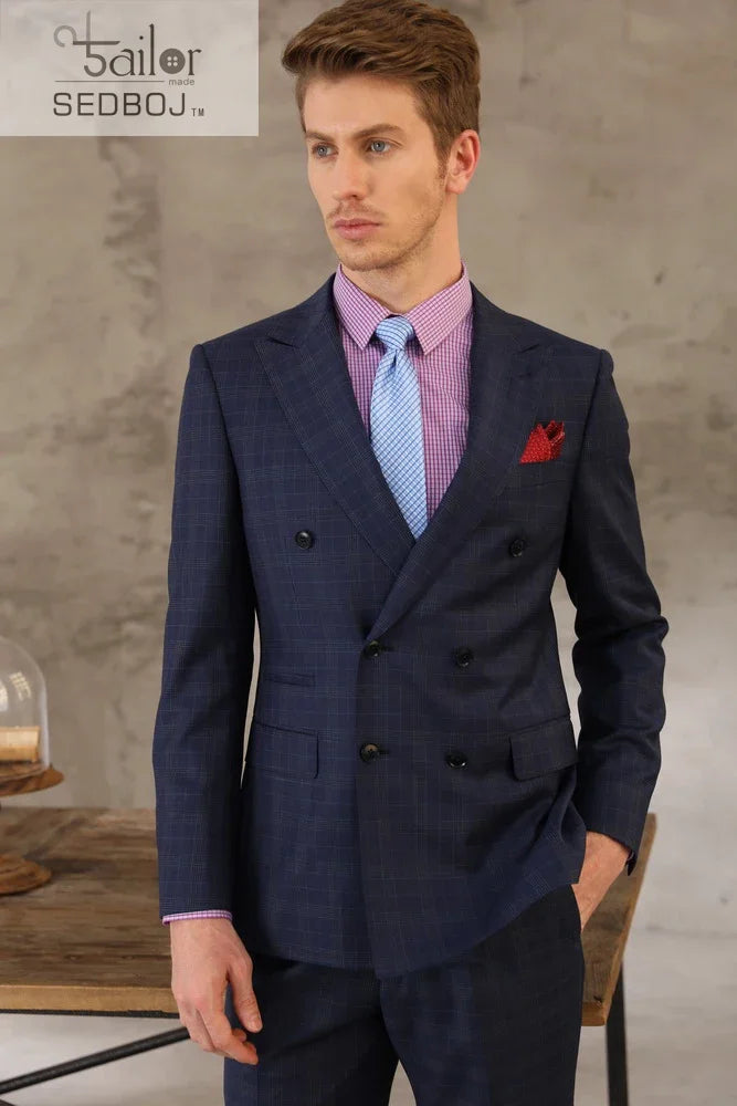 Custom Made Blue Check Suit 2 Buttons Double Breasted Suit Shenzhen Tailor Hade Made High Quality Wool and Cashmere