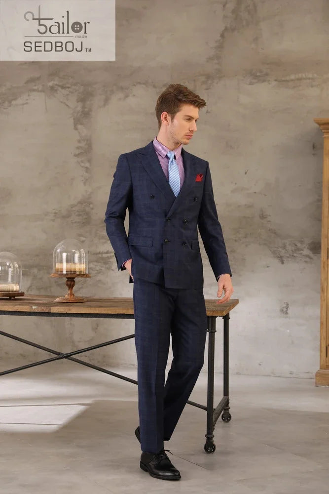 Custom Made Blue Check Suit 2 Buttons Double Breasted Suit Shenzhen Tailor Hade Made High Quality Wool and Cashmere