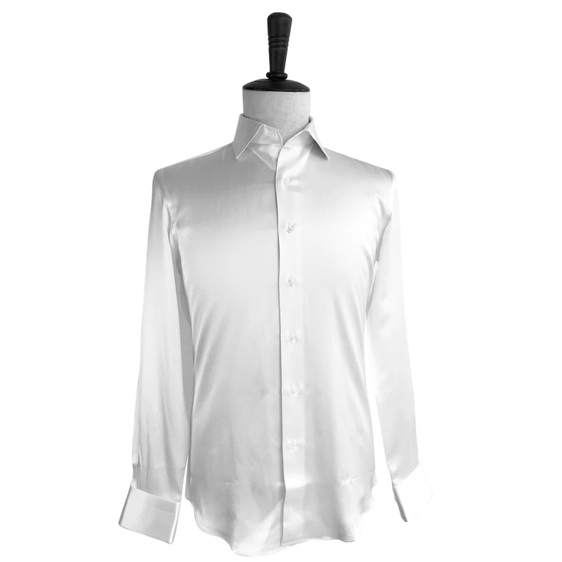 Custom Made White Pure Silk Long Sleeve Mens Dress Shirt Casual Long Sleeve Men Slim Fit Shirts