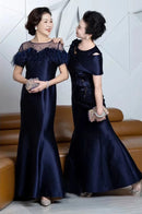 Customized Dark Blue Fishtail Dress for Mother-in-law Bride's Mother Wedding Evening Dress