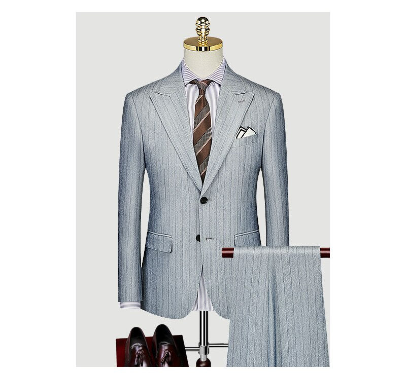 Customized Suit Men's Business Casual Bridegroom Wedding Dress Korean Edition Slim Customized Brown Stripe Formal Suit Men's Set