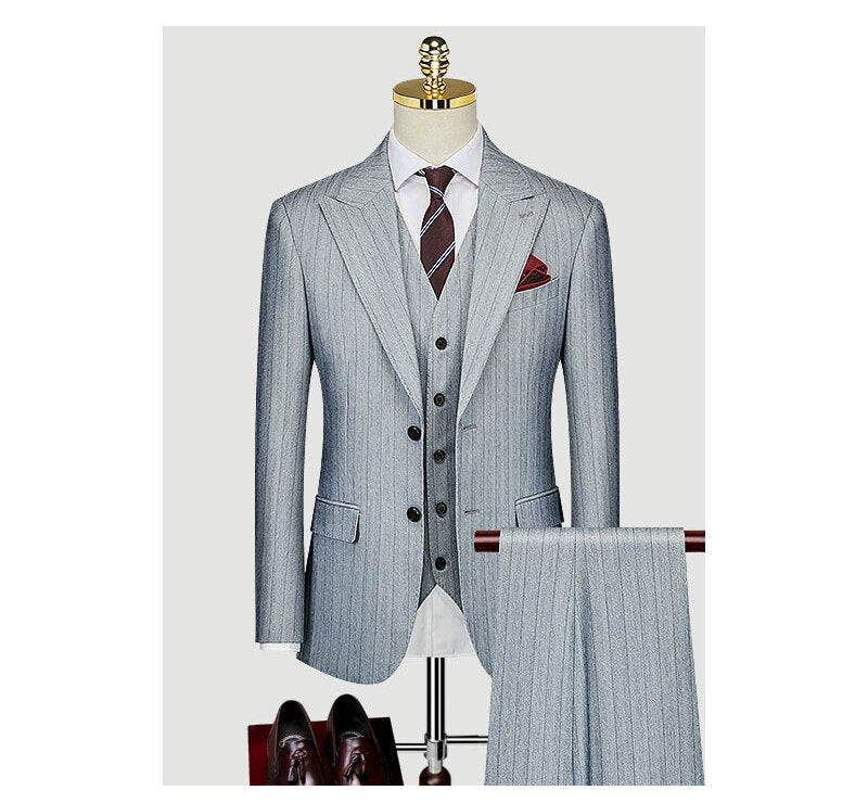 Customized Suit Men's Business Casual Bridegroom Wedding Dress Korean Edition Slim Customized Brown Stripe Formal Suit Men's Set