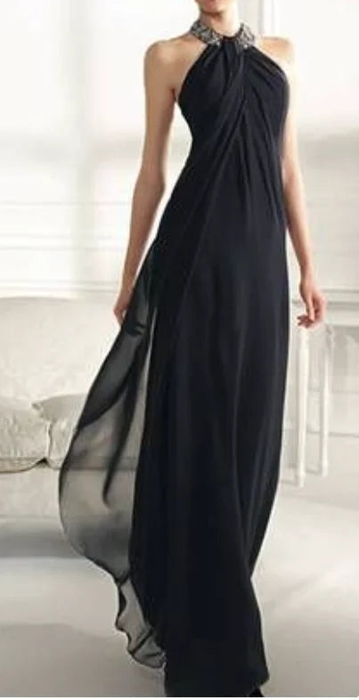 Elegant and Minimalist Temperament Crystal Studded with Diamonds Black Chiffon Bride Mother Dress Party Ball Evening Dress