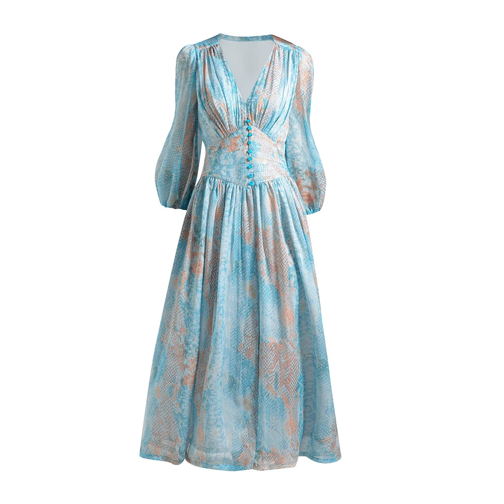 Exquisite French Romantic Vacation Style Long Skirt Tea Break Skirt Printed Floral V-neck Dating Outfit