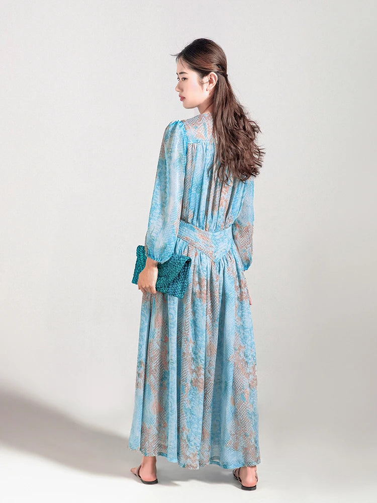 Exquisite French Romantic Vacation Style Long Skirt Tea Break Skirt Printed Floral V-neck Dating Outfit