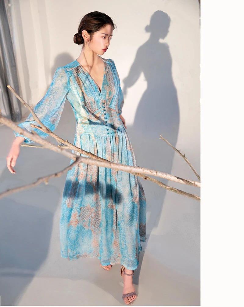 Exquisite French Romantic Vacation Style Long Skirt Tea Break Skirt Printed Floral V-neck Dating Outfit
