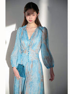 Exquisite French Romantic Vacation Style Long Skirt Tea Break Skirt Printed Floral V-neck Dating Outfit