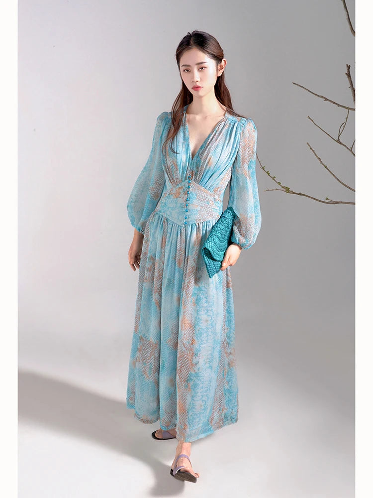 Exquisite French Romantic Vacation Style Long Skirt Tea Break Skirt Printed Floral V-neck Dating Outfit