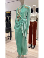 Fashionable Gentle Elegant Goddess Style Chinese Style Green Velvet Dress