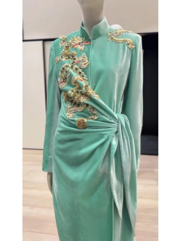 Fashionable Gentle Elegant Goddess Style Chinese Style Green Velvet Dress