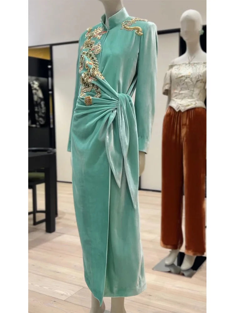 Fashionable Gentle Elegant Goddess Style Chinese Style Green Velvet Dress