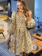 Fashionable New Palace Style Jacquard Vintage Elegant Lantern Sleeve Dress